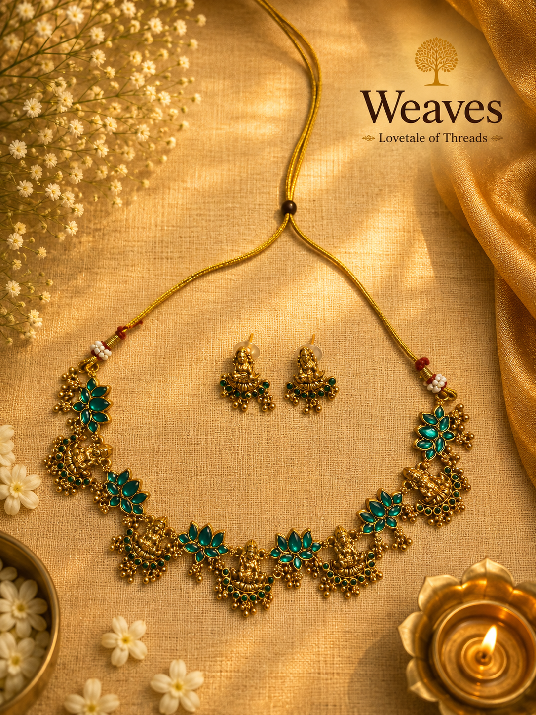 Lakshmi Temple Jewellery Necklace with emerald green stones and matching earrings on golden silk fabric