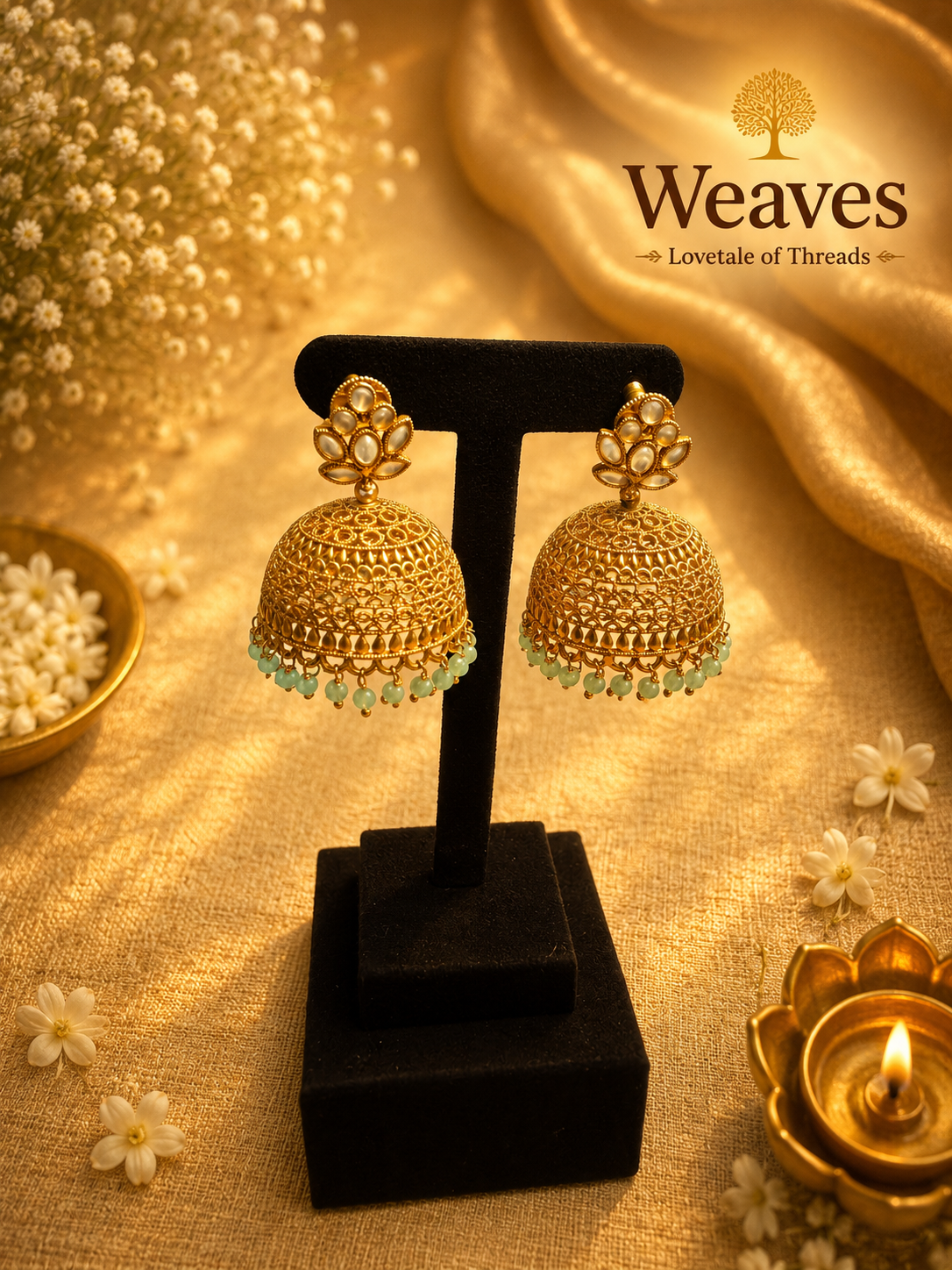 Kundan lotus top gold jhumka earrings with engraved dome and mint green bead fringe on black earring stand