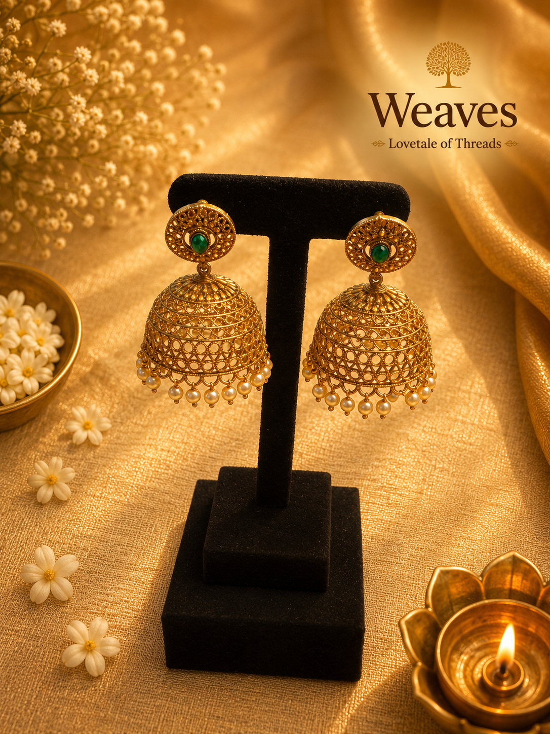 Gold filigree dome jhumka earrings with emerald green centre stone and pearl drop fringe on black earring stand