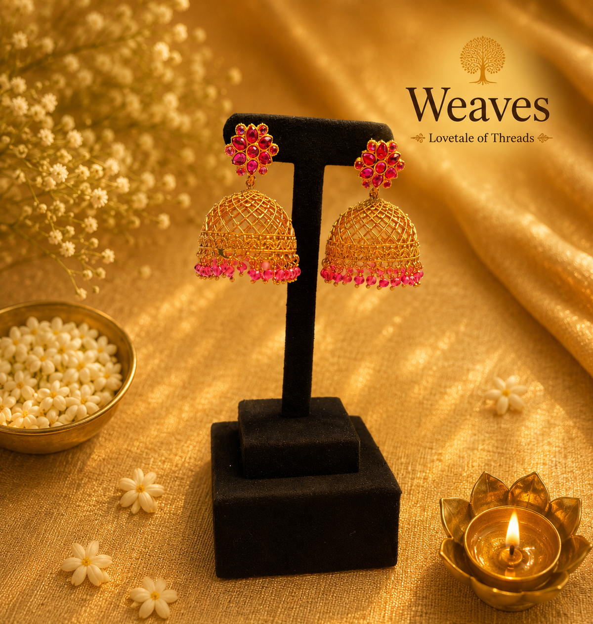 Gold lattice dome jhumka earrings with ruby flower tops and pink bead fringe on black earring stand
