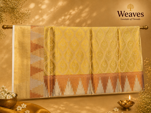 Cream and gold tissue saree draped on hanger showing full body zari weave and copper temple border