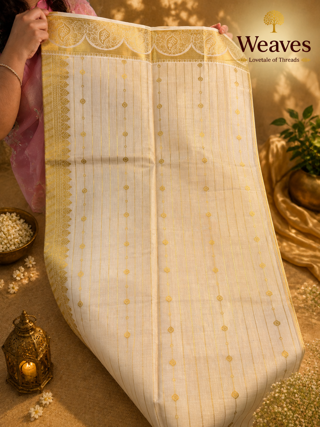 Woman holding cream tissue saree showing reverse side with gold stripe body and scalloped paisley pallu border