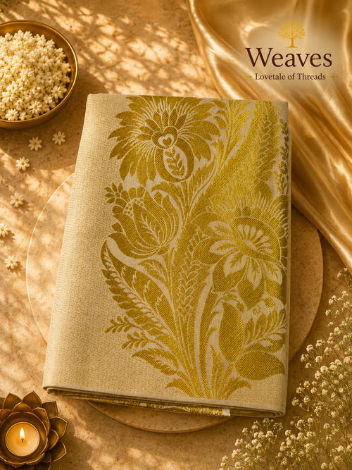 Cream tissue saree folded showing all-over gold botanical zari weave with large floral and leaf motifs