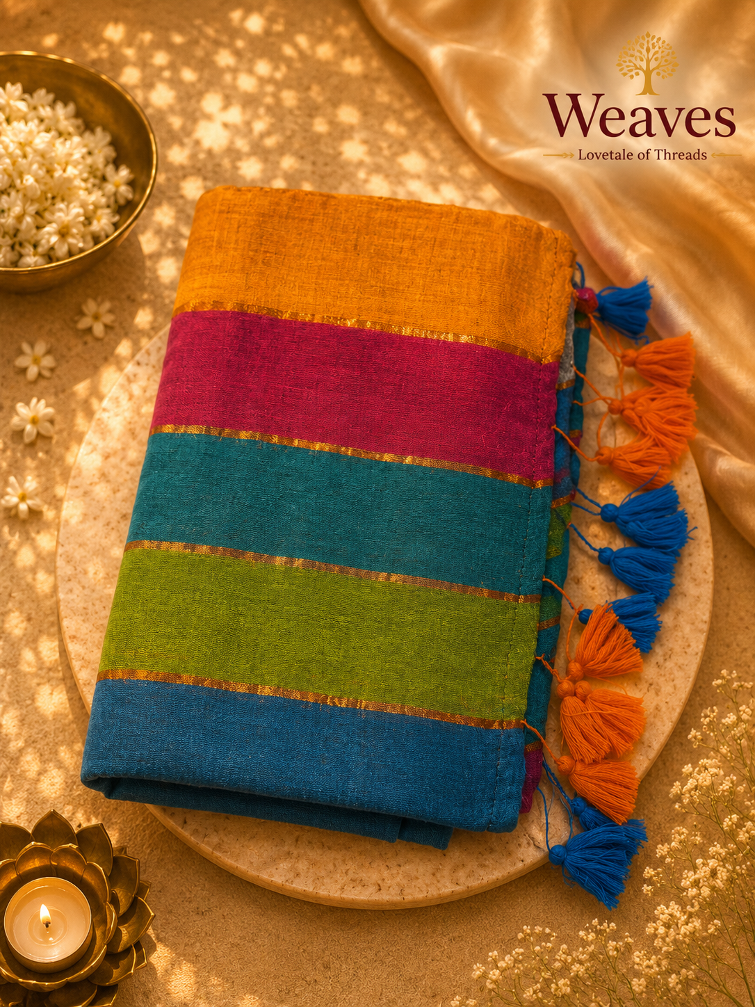 Multicolour block stripe mul cotton saree folded showing blue, green, magenta and mustard bands with gold zari lines and blue orange tassels