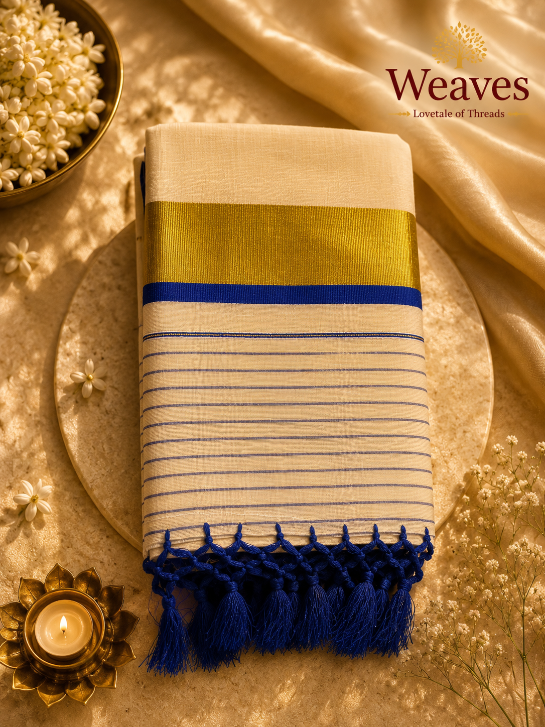 Cream mul cotton kasavu saree folded showing broad gold kasavu border, fine blue pinstripes and royal blue tassel pallu fringe