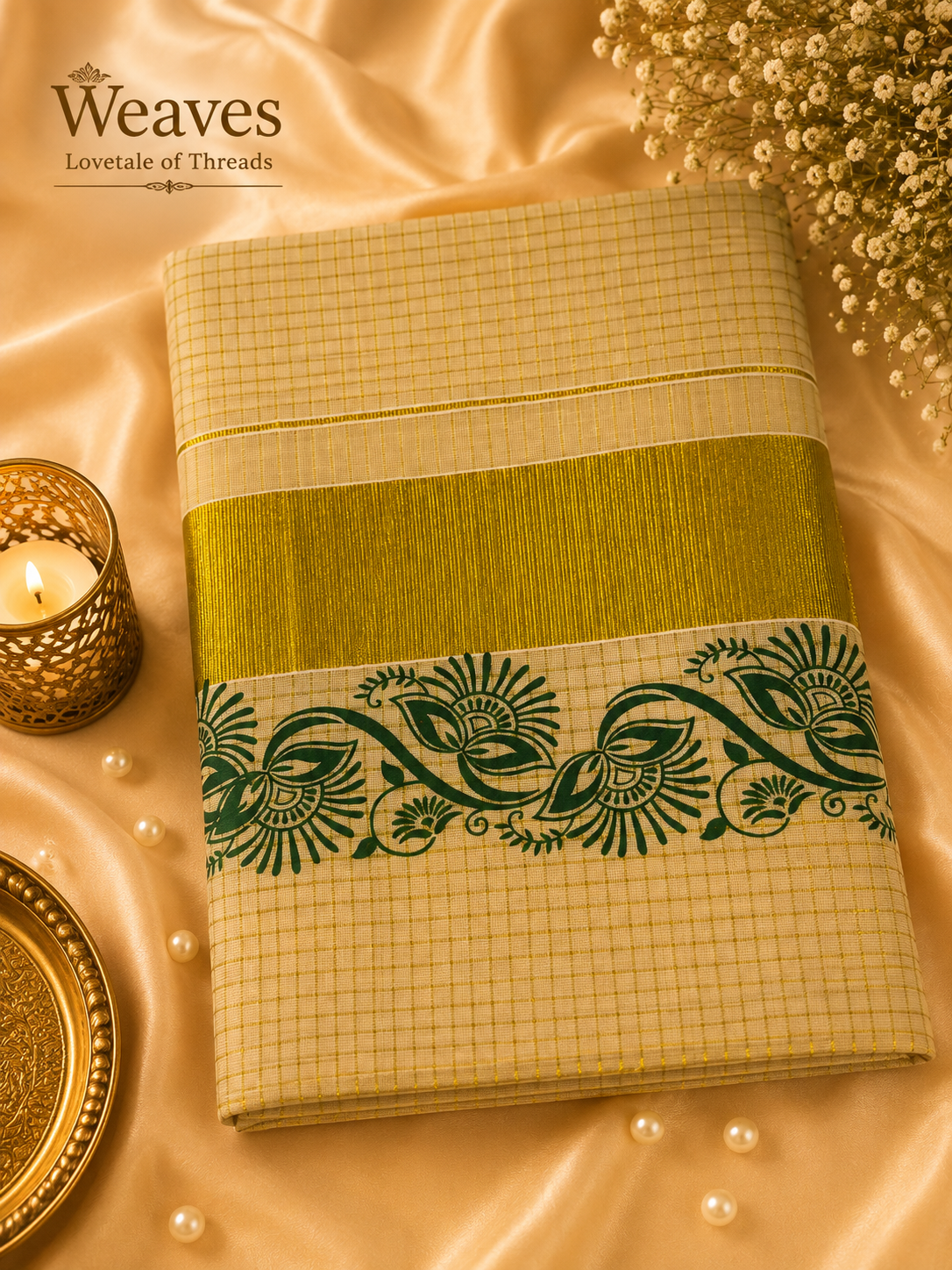 Kerala Tissue Saree – Maroon Floral Block Print, folded front view