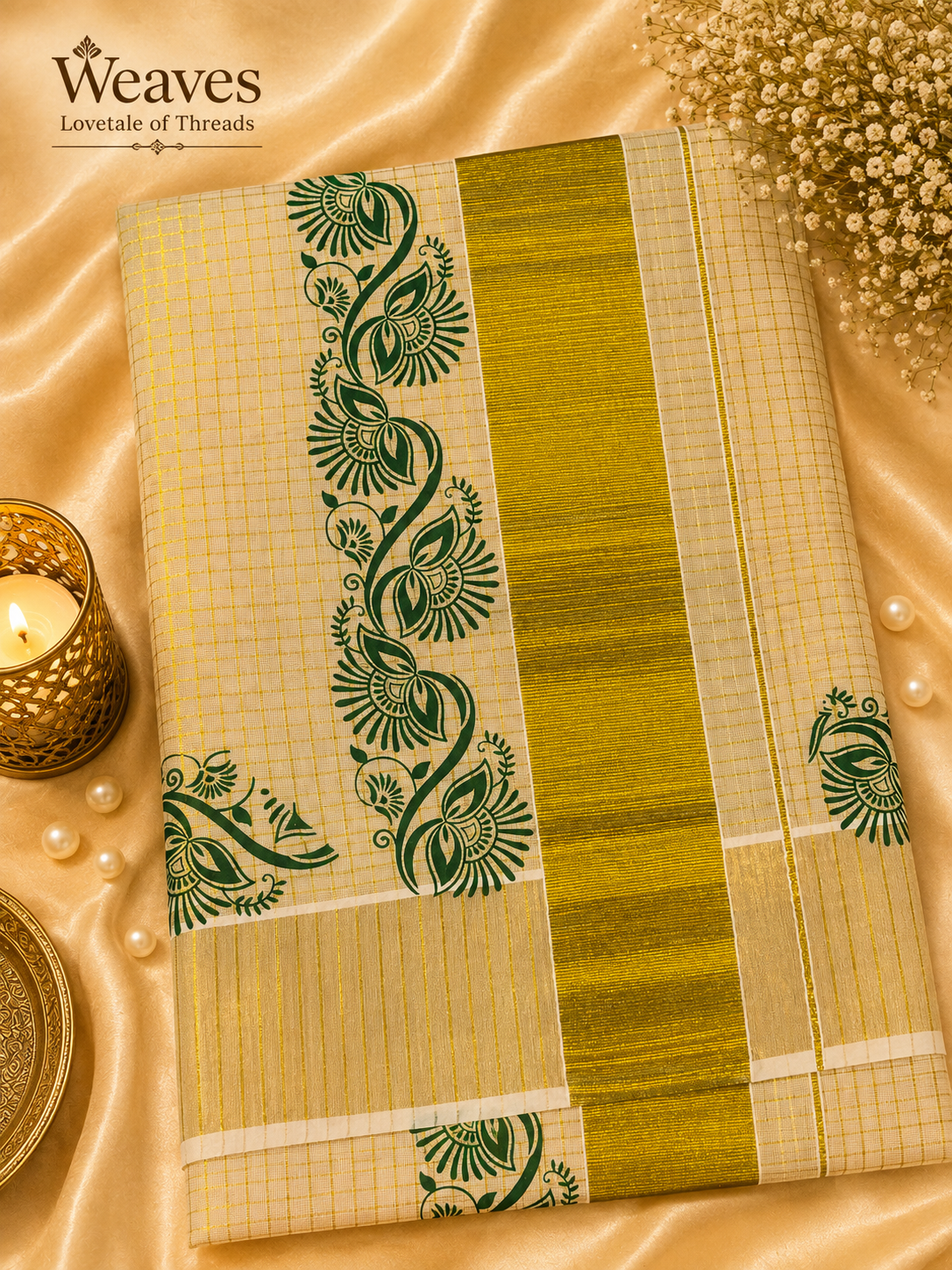 Kerala Tissue Saree – Maroon Floral Block Print, border detail