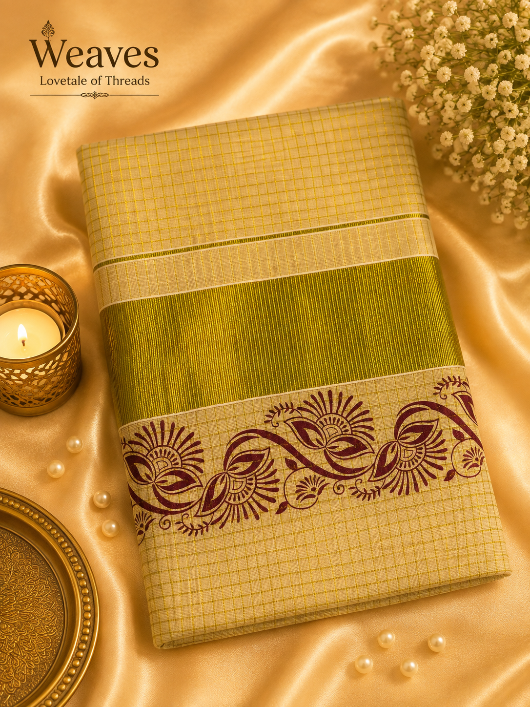 Kerala Tissue Saree – Maroon Floral Block Print, pallu view