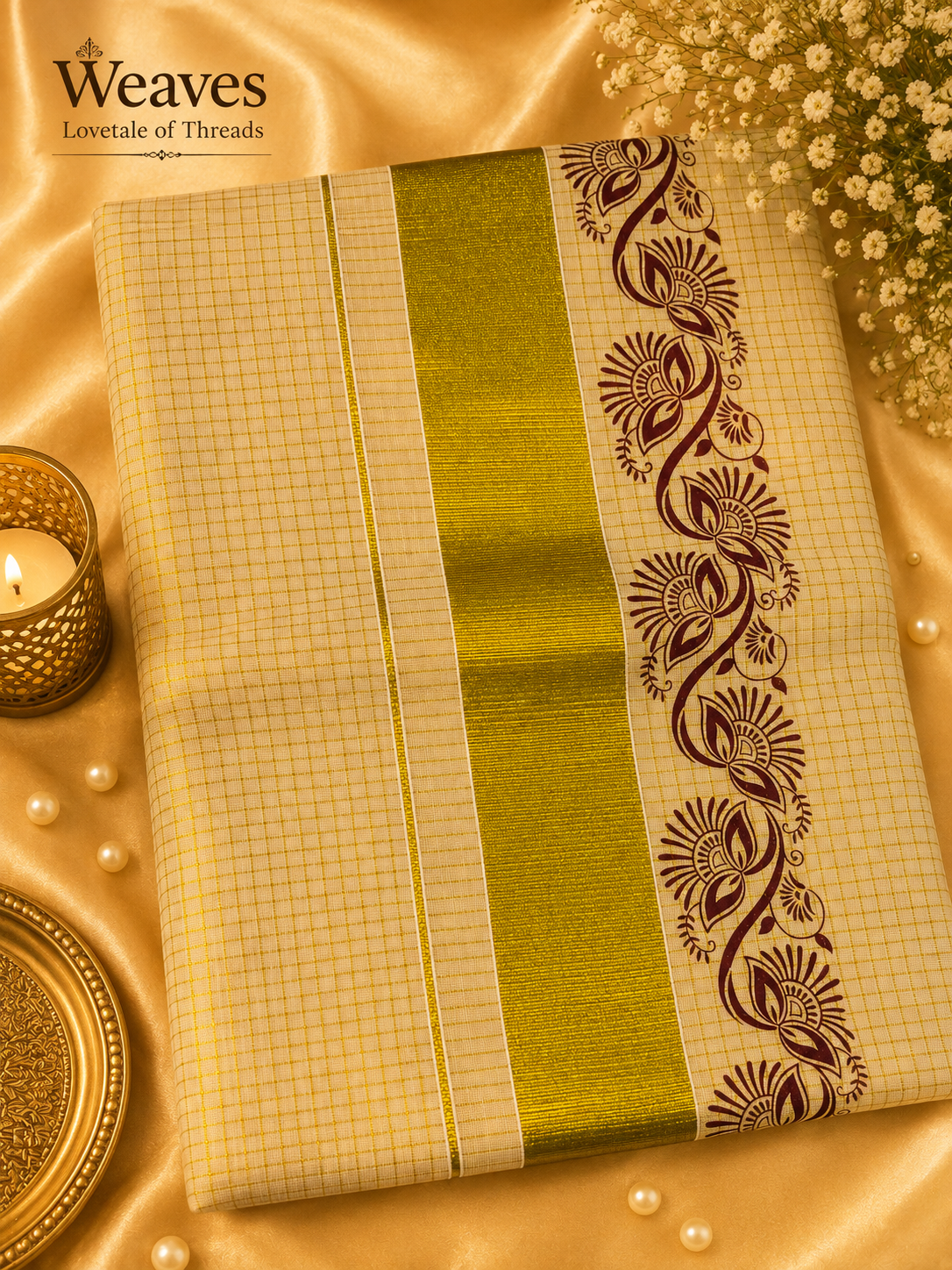 Kerala Tissue Saree – Maroon Floral Block Print, corner detail