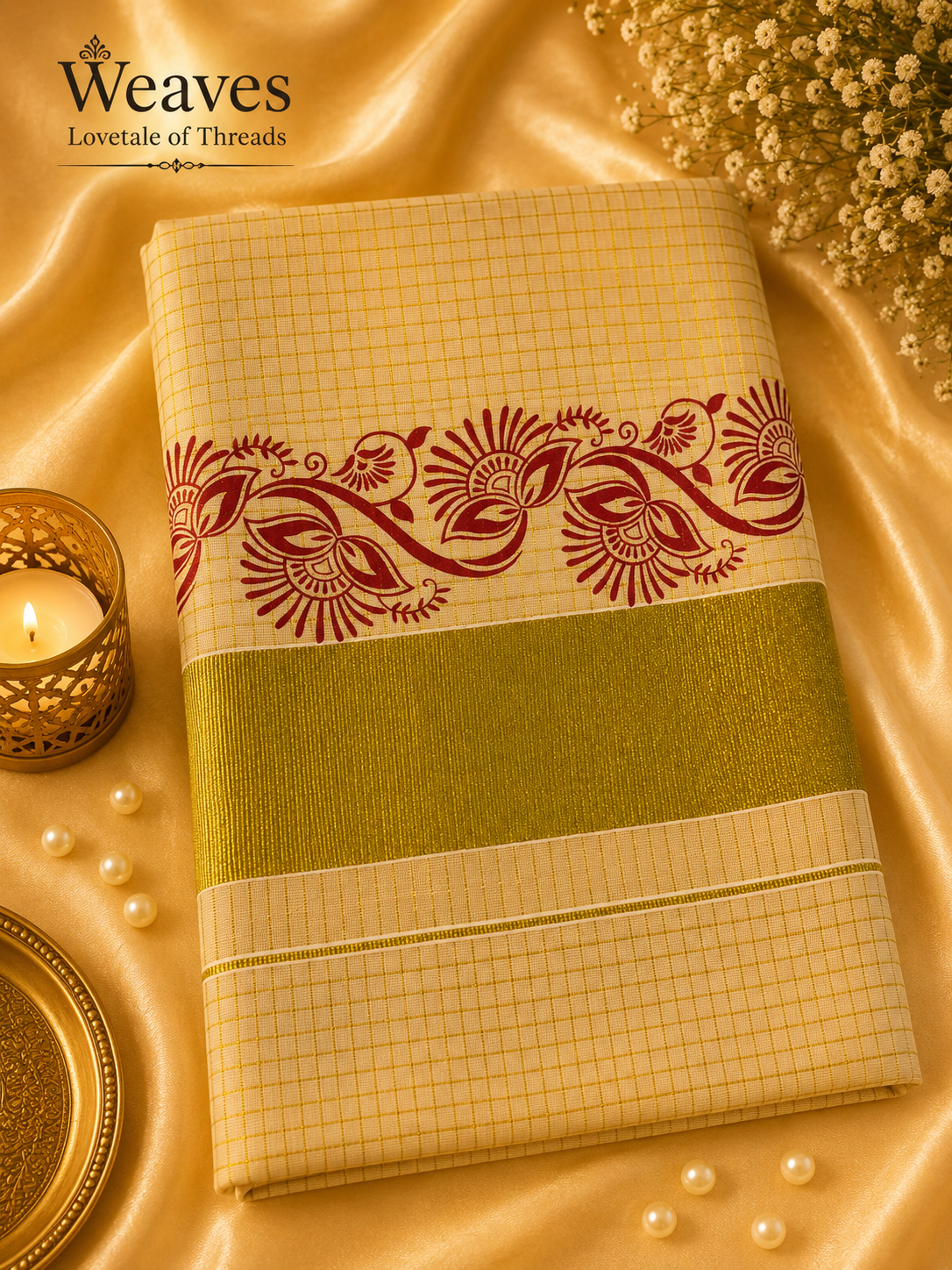 Kerala Tissue Saree – Red Floral Block Print, folded front view