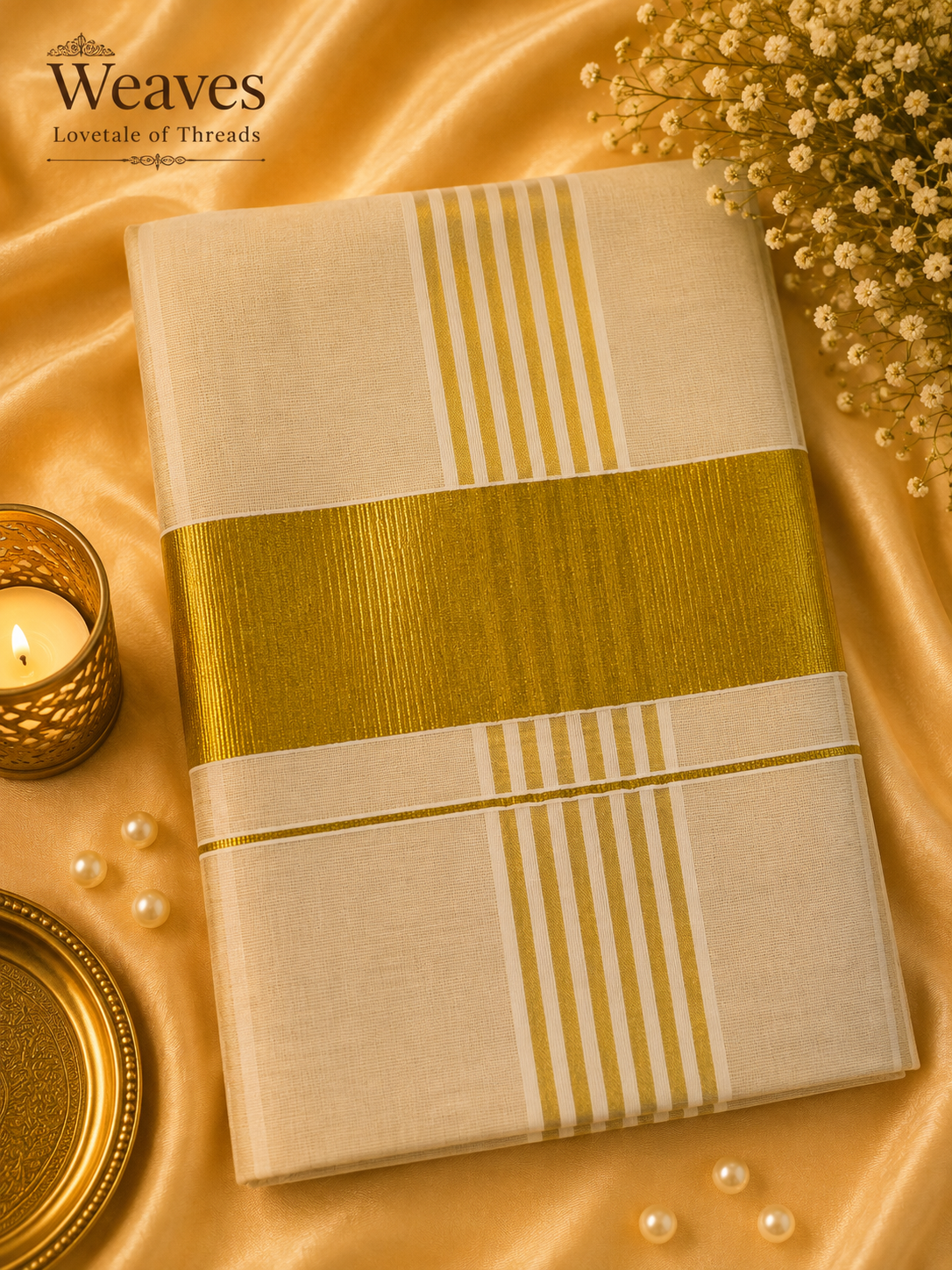 Kerala Tissue Saree with Gold Zari Stripes – folded with broad zari border