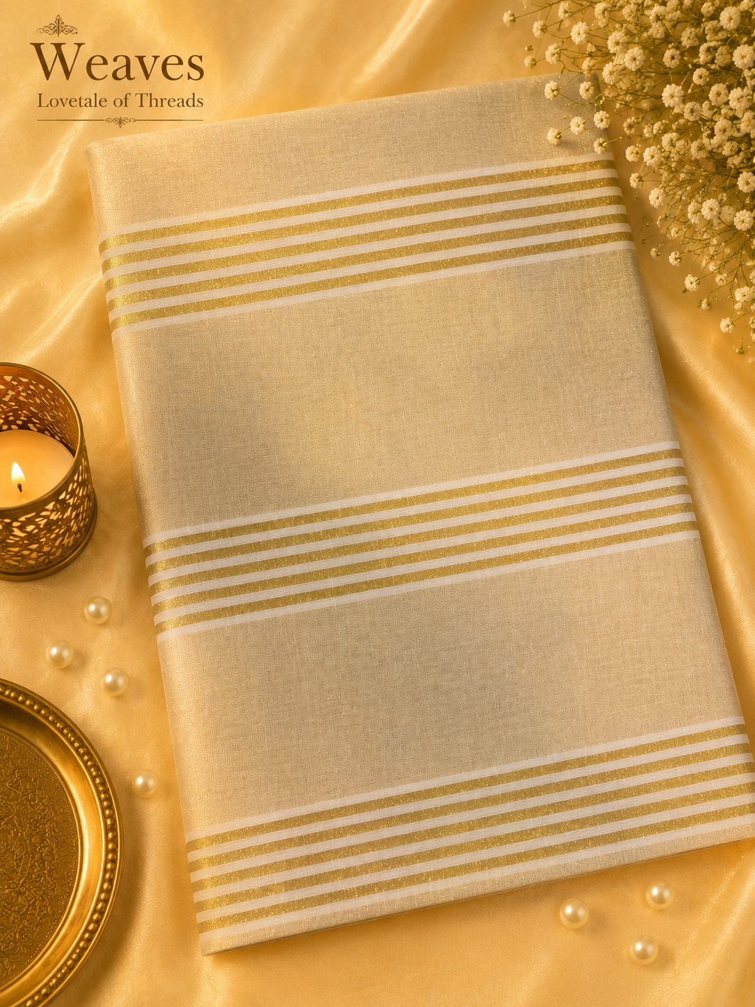Kerala Tissue Saree with Gold Zari Stripes – fine stripe detail view
