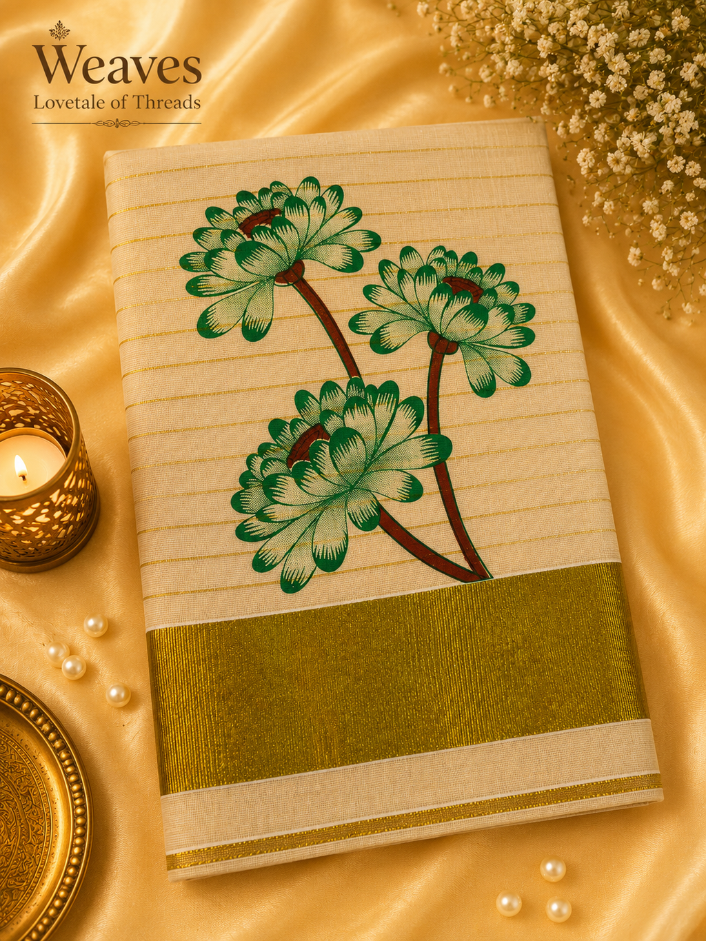 Kerala Tissue Saree – Green Dahlia Motif with Olive-Gold Border, front view