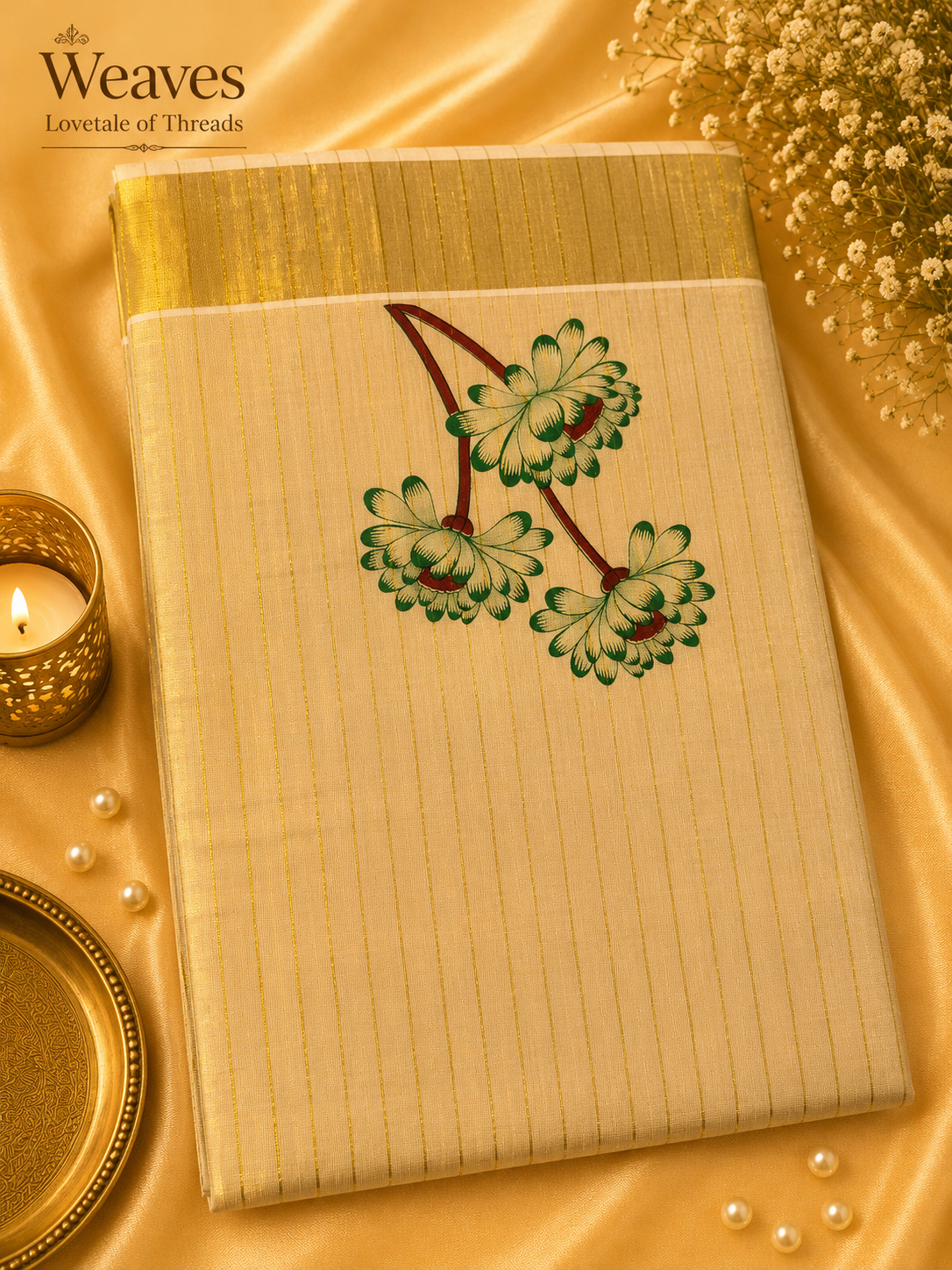 Kerala Tissue Saree – Green Dahlia Motif with Gold Kasavu Border, pallu view