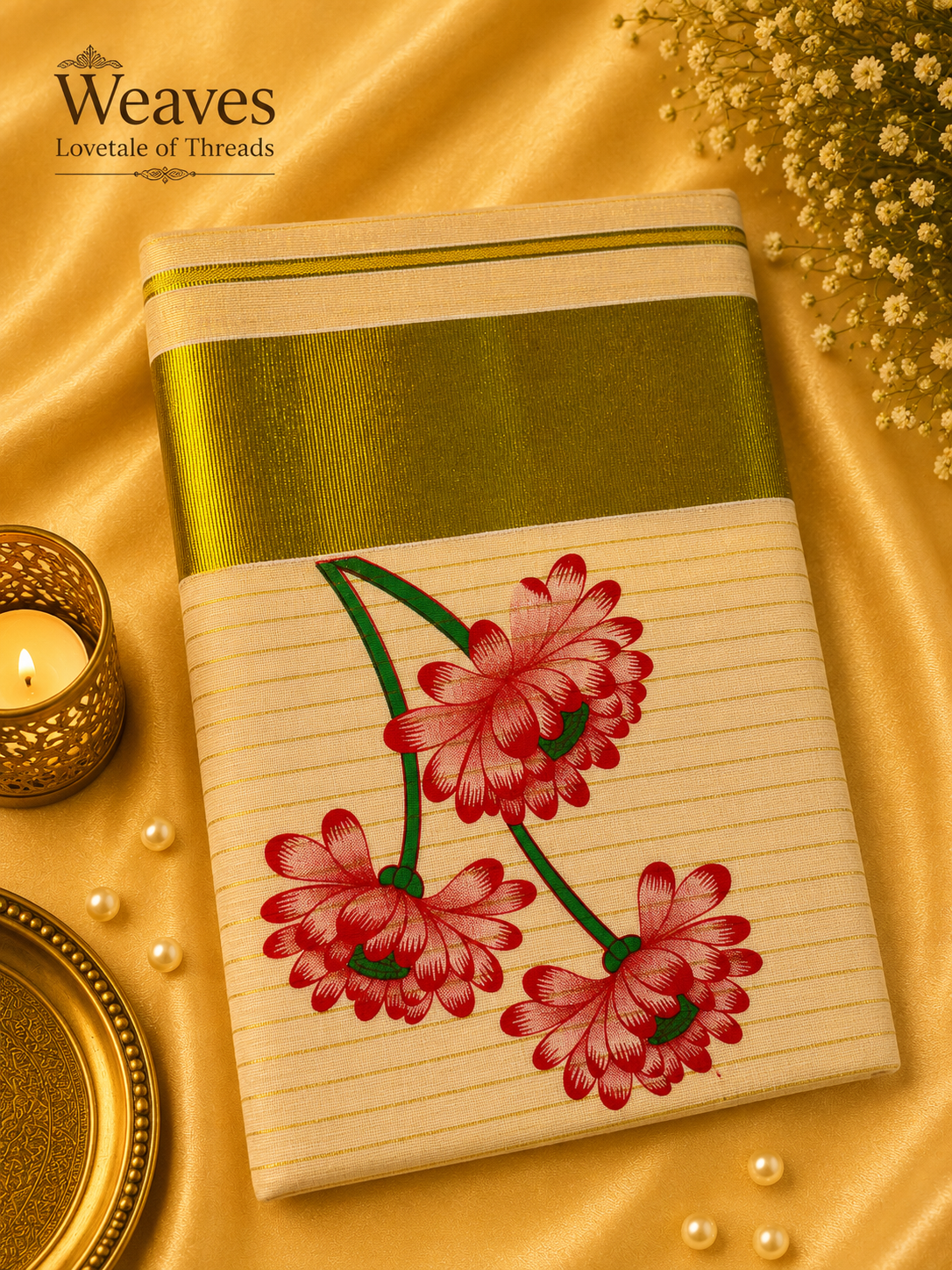 Kerala Tissue Saree – Red-Pink Dahlia Motif with Olive-Gold Border, front view
