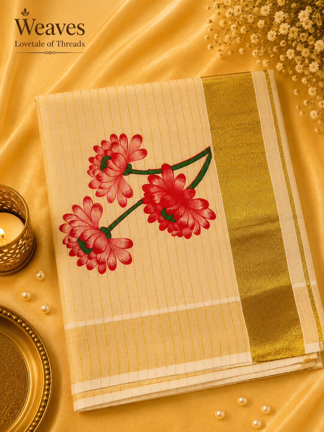 Kerala Tissue Saree – Red-Pink Dahlia Motif with Gold Kasavu Border, pallu view