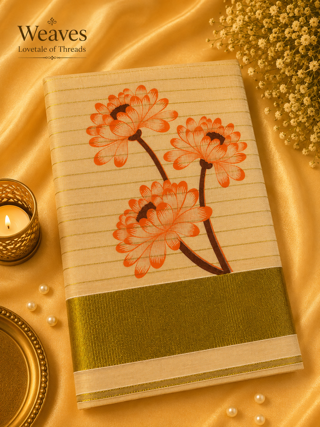 Kerala Tissue Saree – Orange Dahlia Motif with Olive-Gold Border, front view