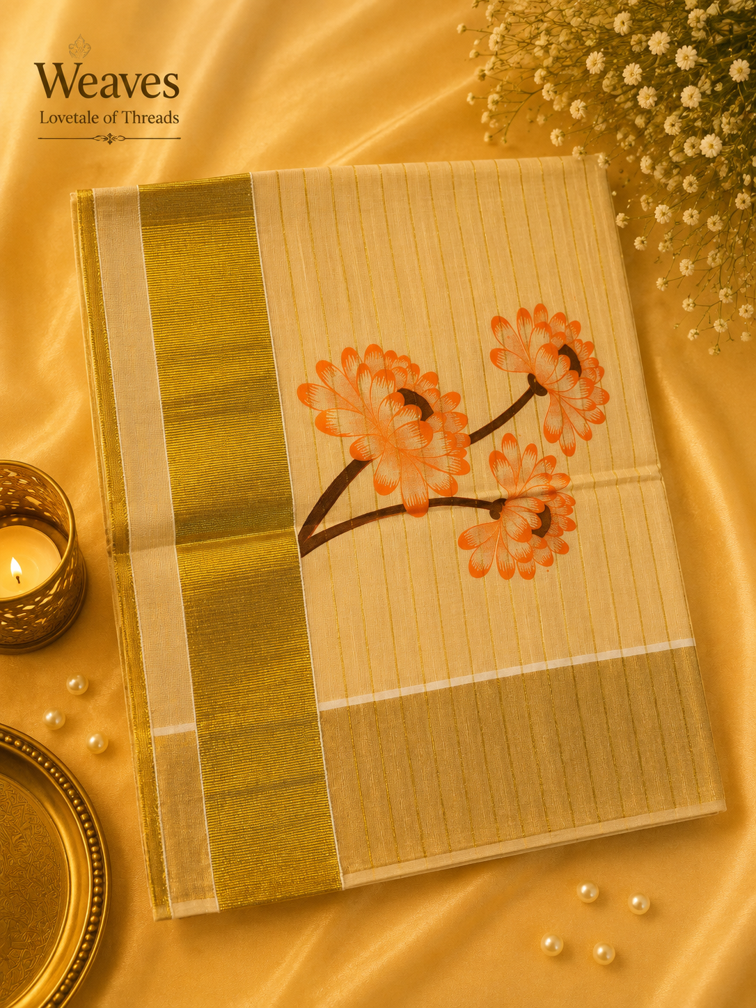 Kerala Tissue Saree – Orange Dahlia Motif with Gold Kasavu Border, pallu view