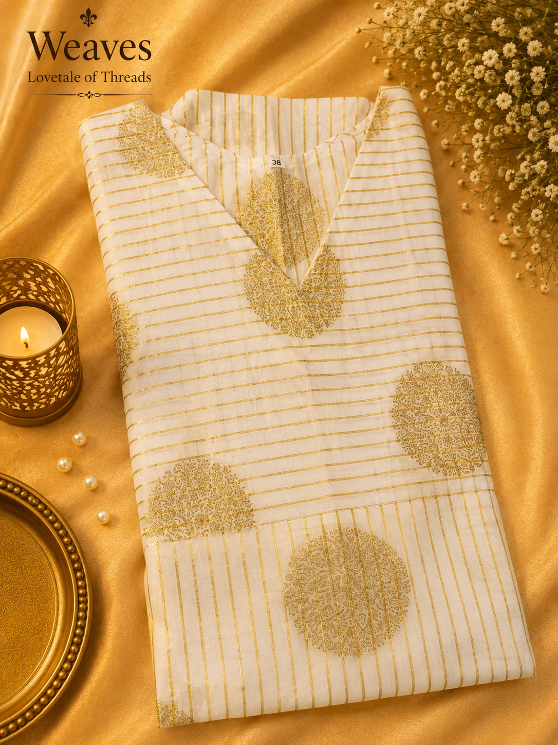 Onam Tissue Straight Slit Kurti Top – Gold Medallion Print, detail view