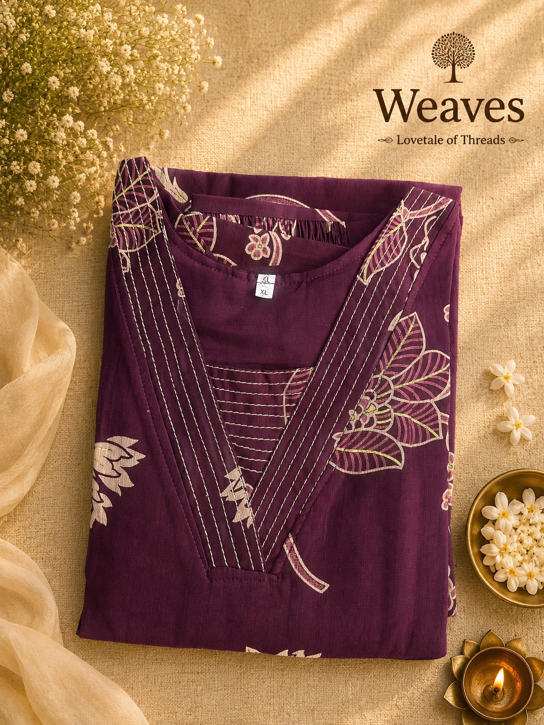 Everyday Floral Co-ord Set top in deep plum with floral print and kantha embroidery