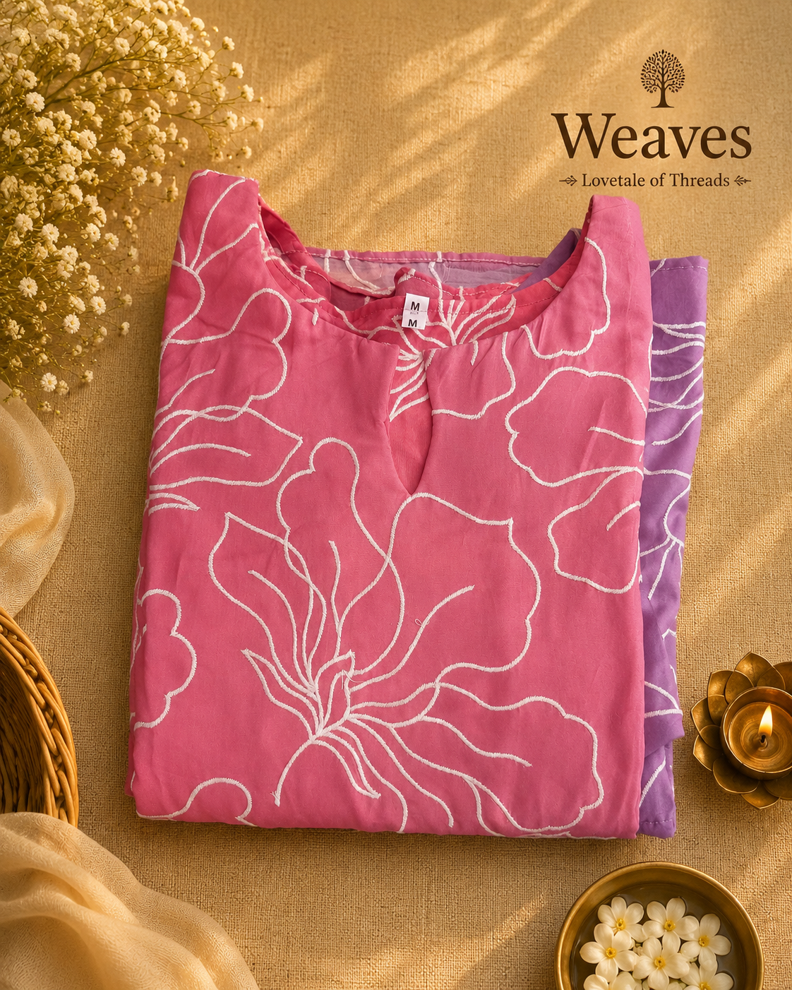 Malchanderi Dual Tone A-Line Top in pink and lavender with white floral embroidery