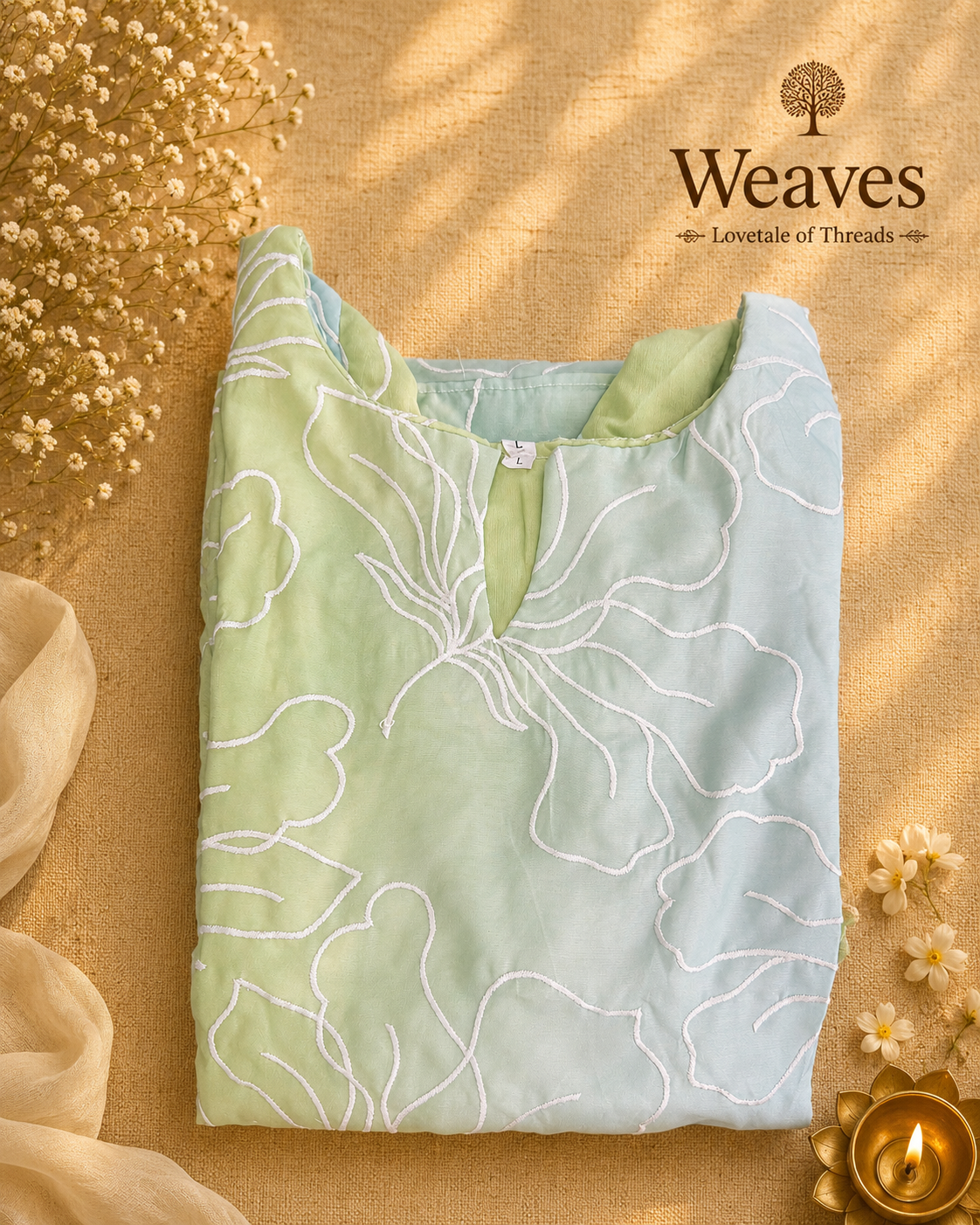 Malchanderi A-Line Top in dual-tone green and sky blue with white floral embroidery