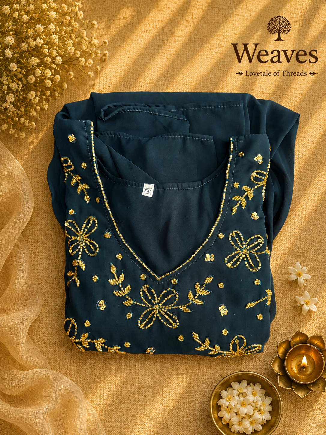 Georgette Umbrella Top in navy blue with gold embroidery, XXL size on golden background
