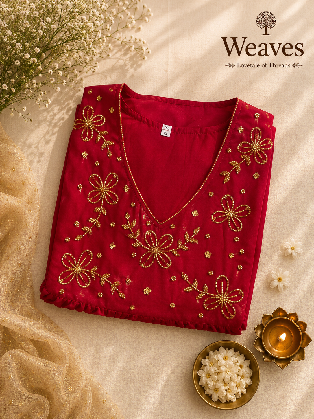 Georgette Umbrella Top in crimson red with gold floral embroidery on cream background