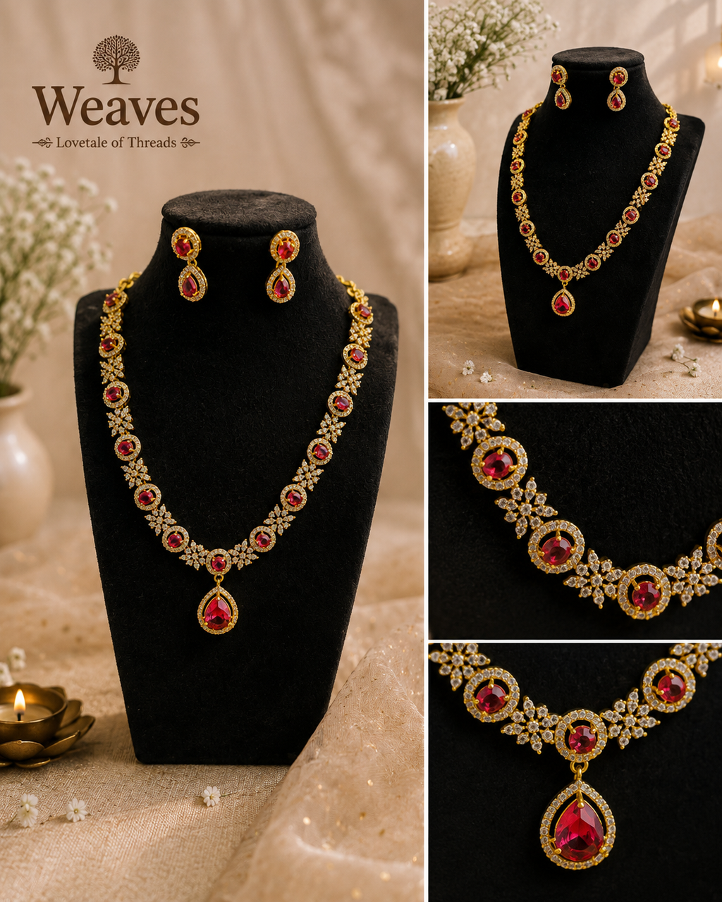 Ruby Red CZ Necklace and Earring Set multi-angle view showing full set and detail shots