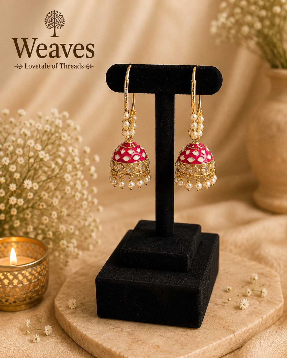 Pink Meenakari Jhumka Earrings with pearl drops and kundan mirror work on black earring stand