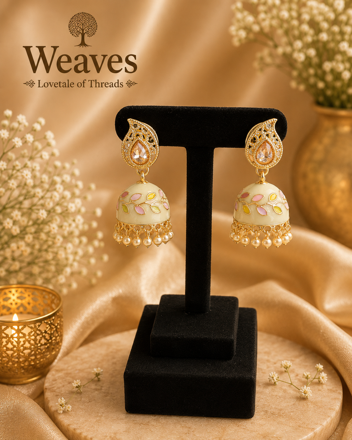 Ivory Meenakari Jhumka Earrings with pastel floral motif, gold paisley stud and pearl drops on black earring stand