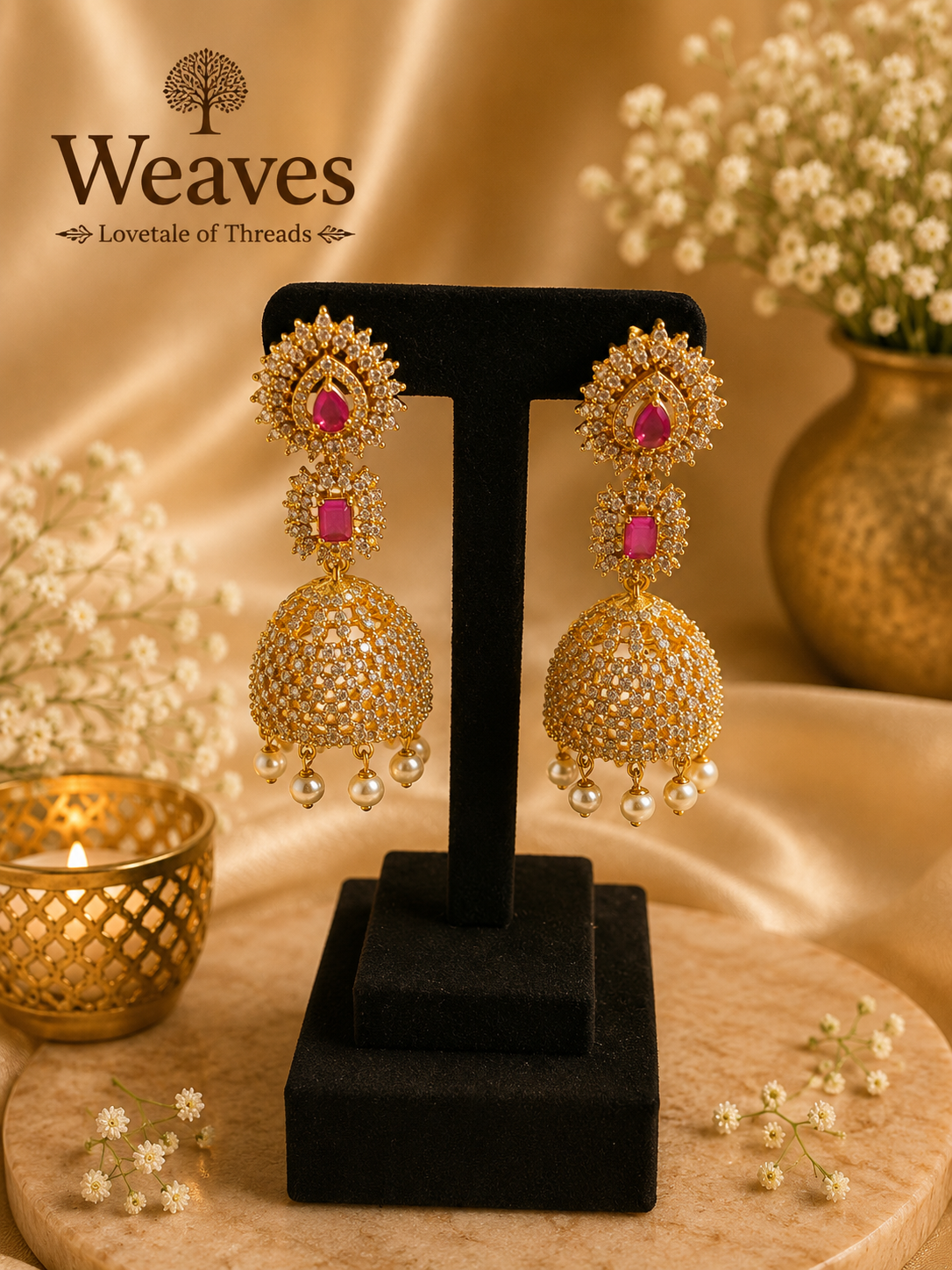 Gold CZ Statement Jhumka Earrings with ruby red stone accents and pearl drops on black earring stand