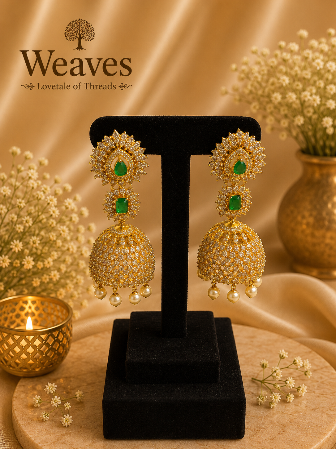 Gold CZ Statement Jhumka Earrings with emerald green stone accents and pearl drops on black earring stand