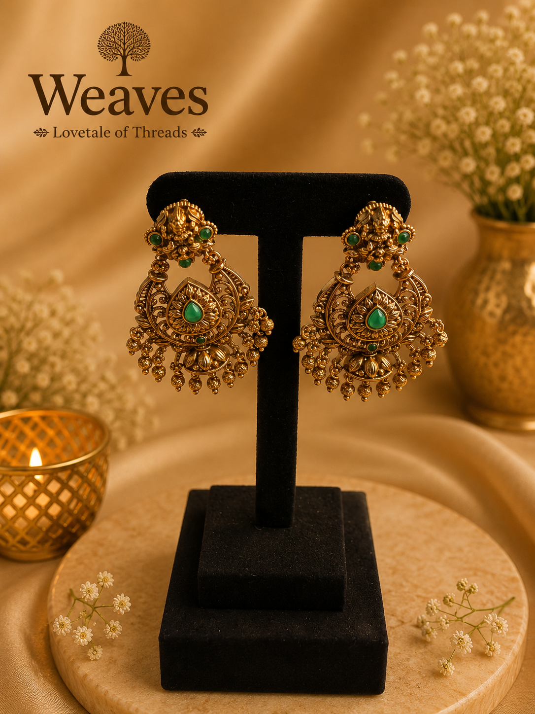 Antique Gold Chandbali Earrings with emerald green teardrop stone and gold bead drops on black earring stand
