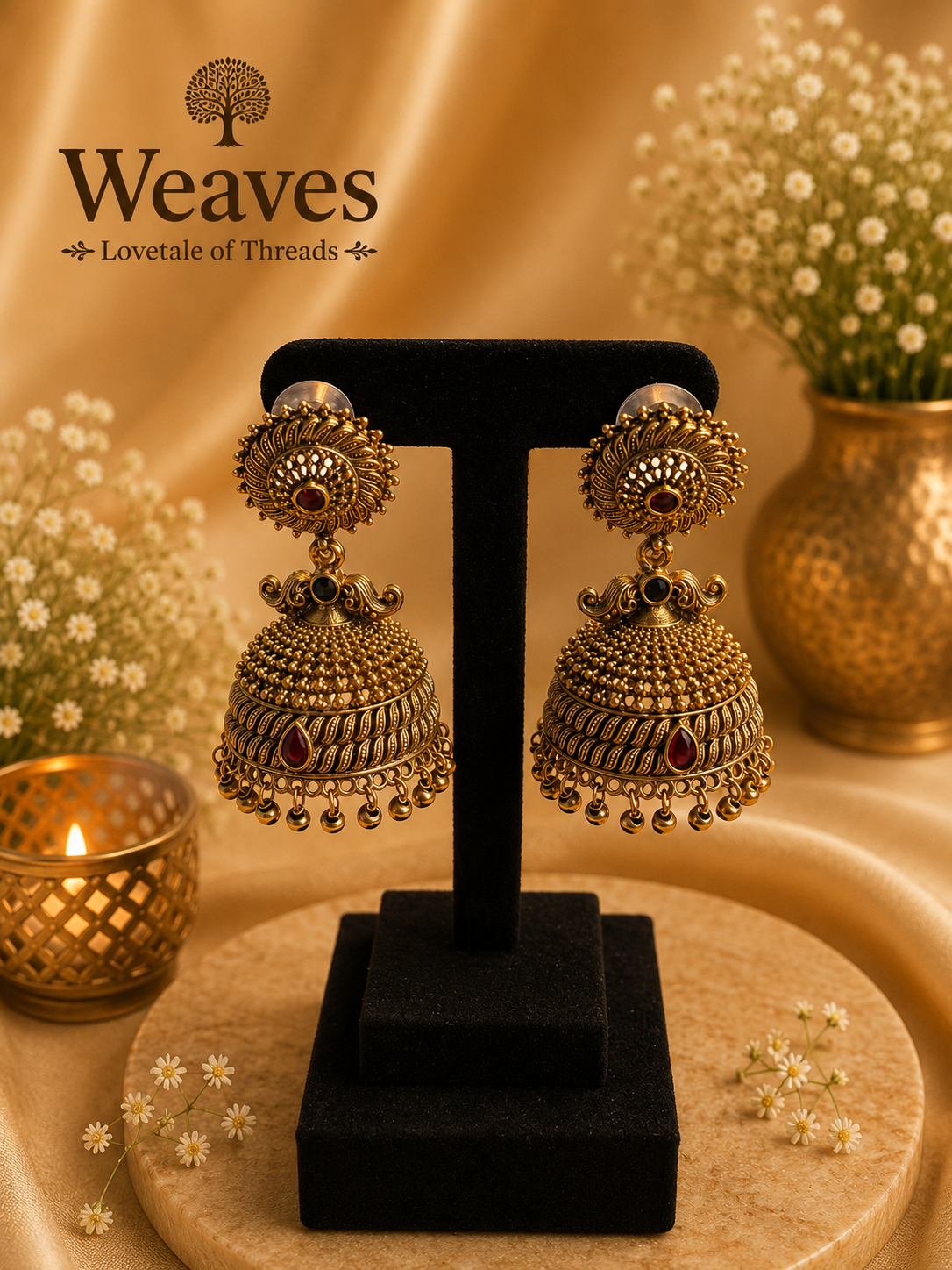 Antique Gold Granule Jhumka Earrings with ruby red teardrop accent and gold bead drops on black earring stand