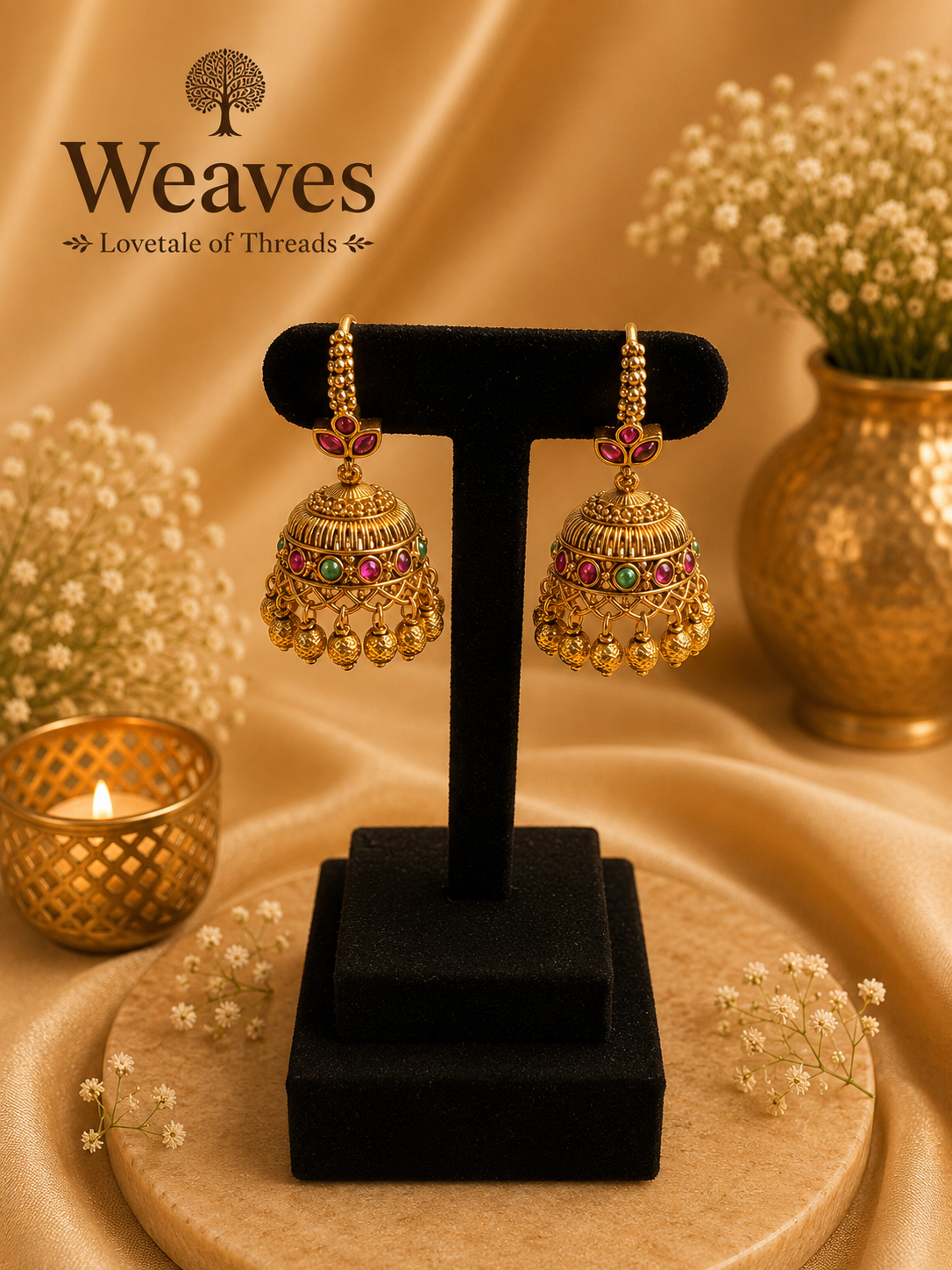 Antique Gold Jhumka Earrings with ruby, emerald and pink stone band and gold ball drops on black earring stand
