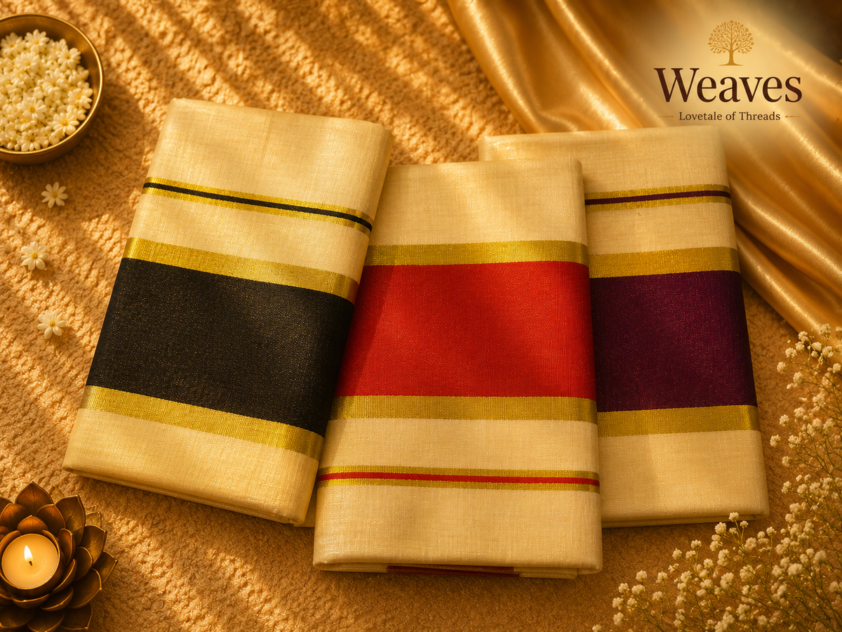 Three ivory Onam kasavu sarees in black, red, and wine colour variants