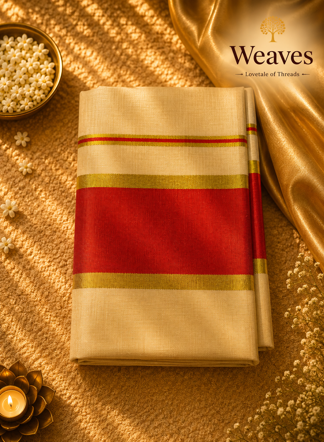 Ivory Onam kasavu saree with red and gold border