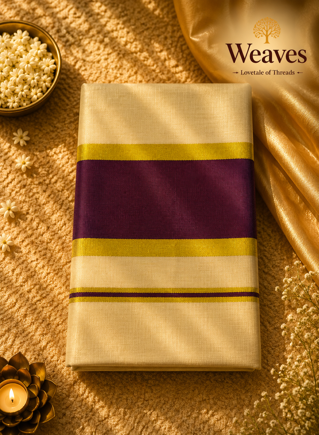 Ivory Onam kasavu saree with wine and gold border