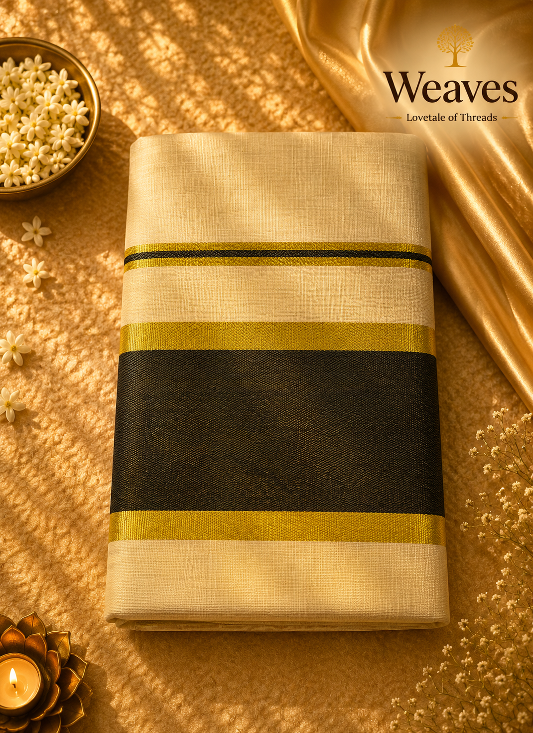 Ivory Onam kasavu saree with black and gold border
