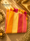 Multicolour striped mul cotton saree in orange, yellow, cream, magenta, and pink with yellow and pink tassels