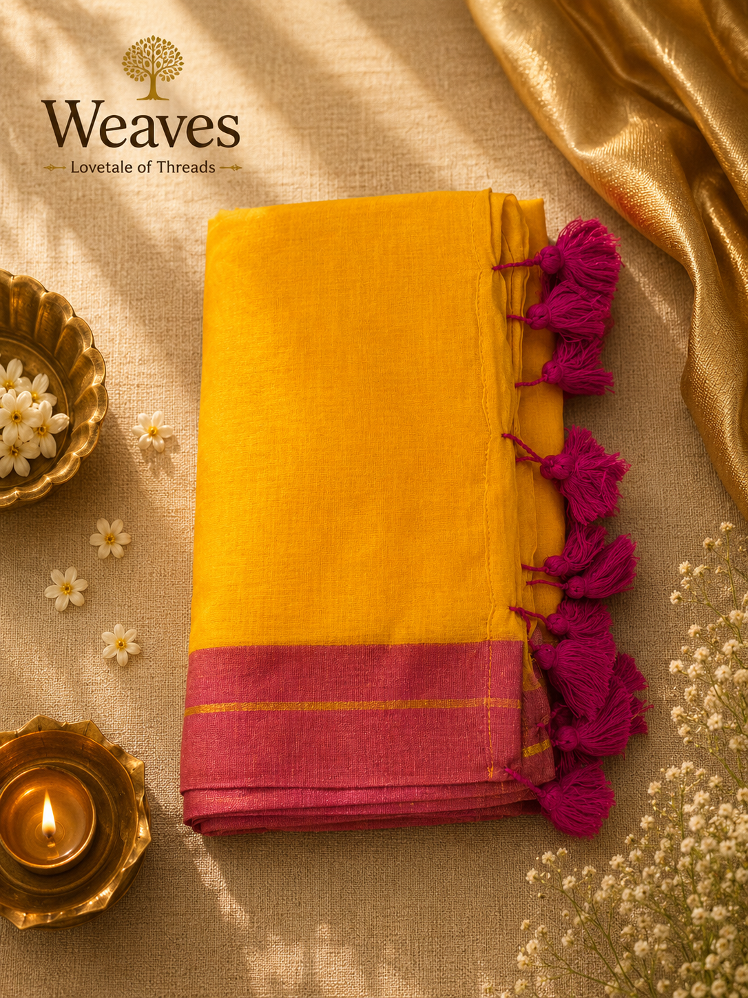 Mustard-yellow mul cotton saree with a magenta border and matching tassels