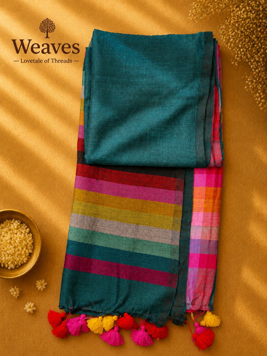 Teal and multicolour Madras checks mul cotton saree with tassels displayed on a warm golden backdrop