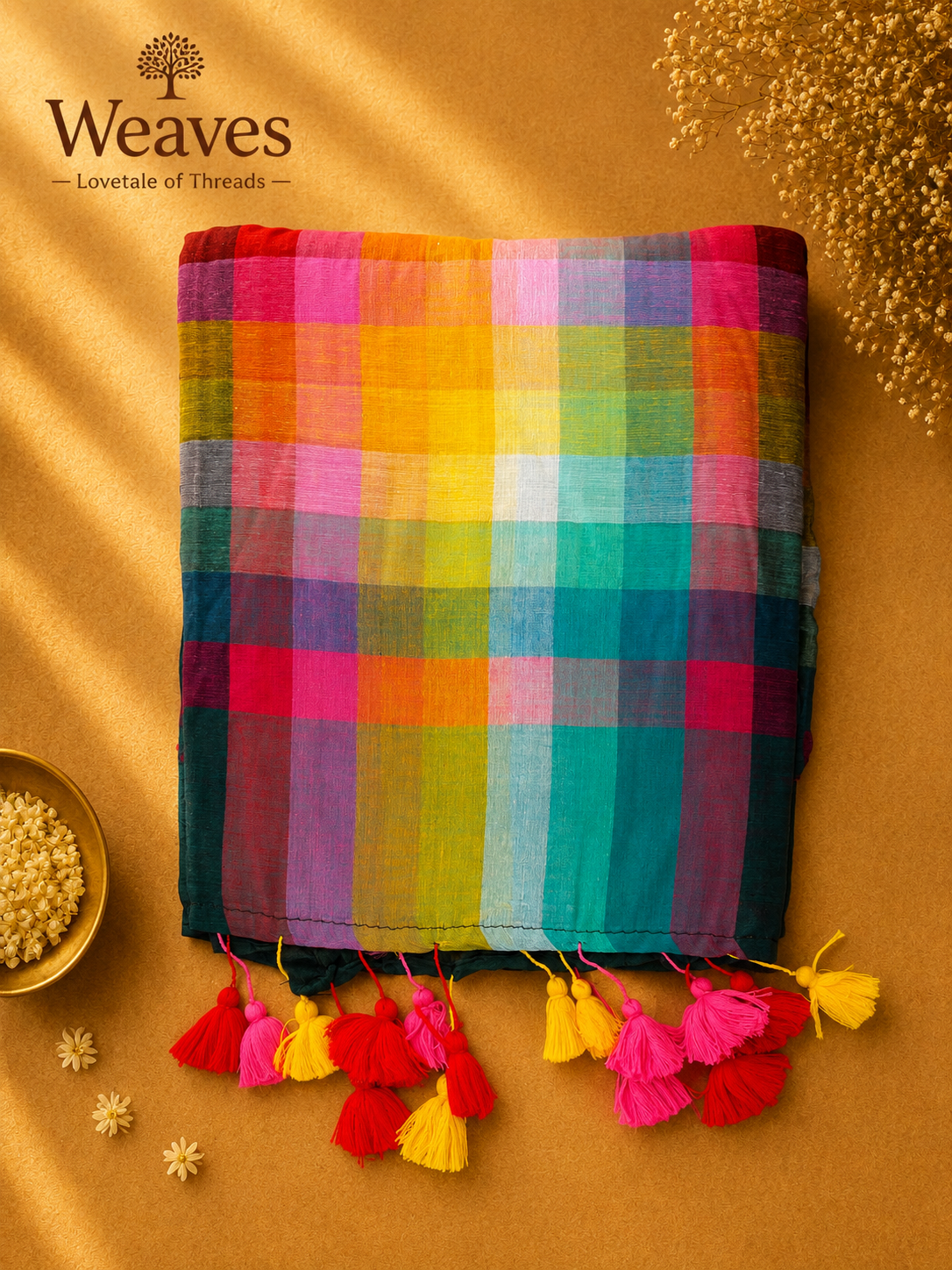 Blue and multicoloured Madras checks mul cotton saree with bright tassels displayed on a warm golden backdrop