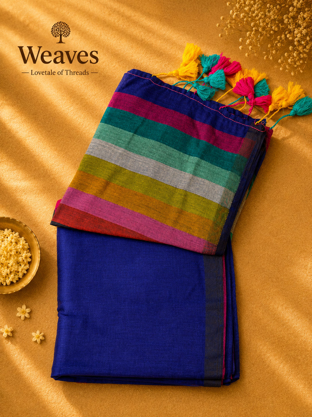 Multicoloured Madras checks mul cotton saree with bright tassels displayed on a warm golden backdrop