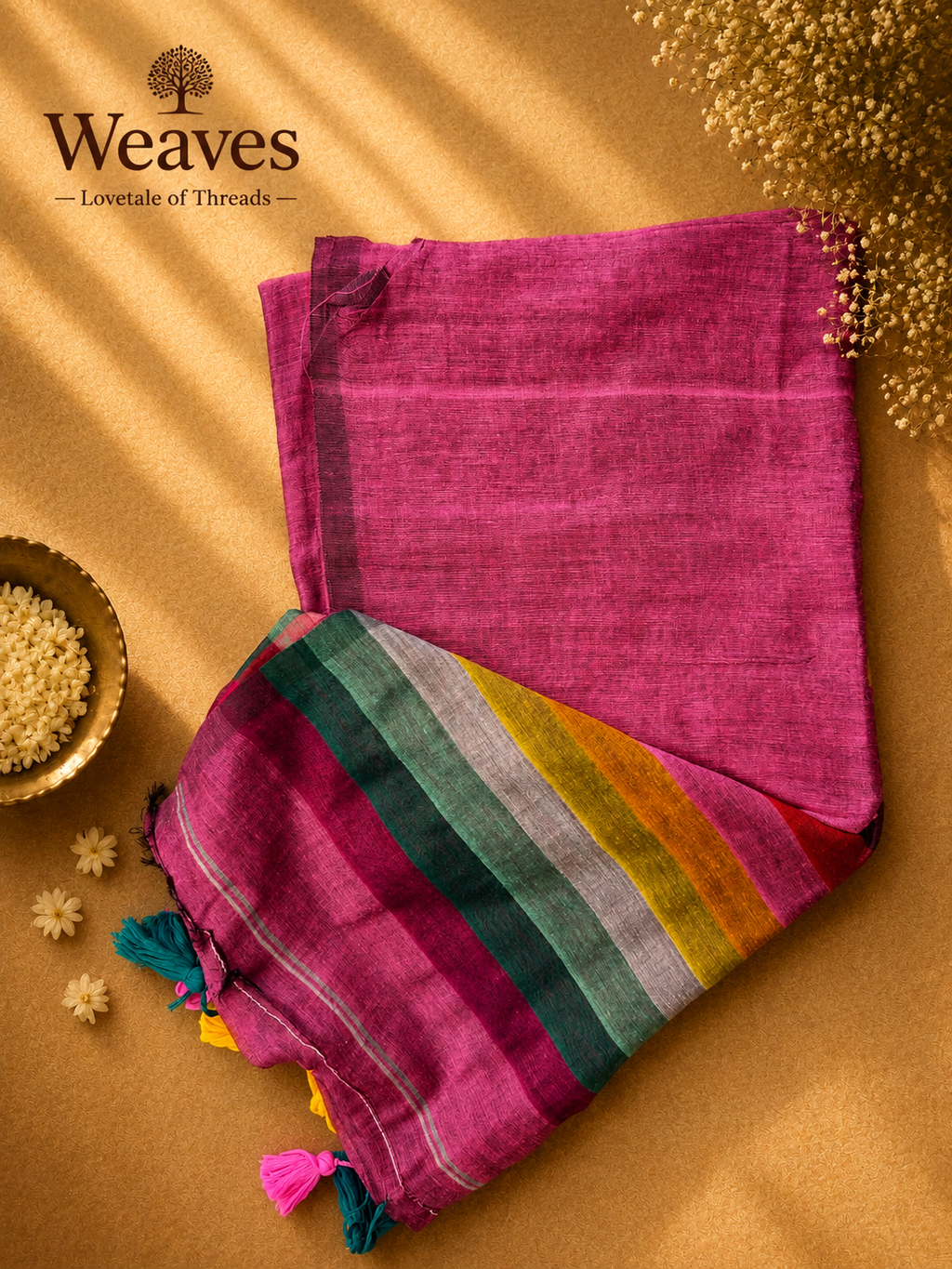 Magenta Madras checks mul cotton saree with multicoloured woven bands and tassels displayed on a warm golden backdrop