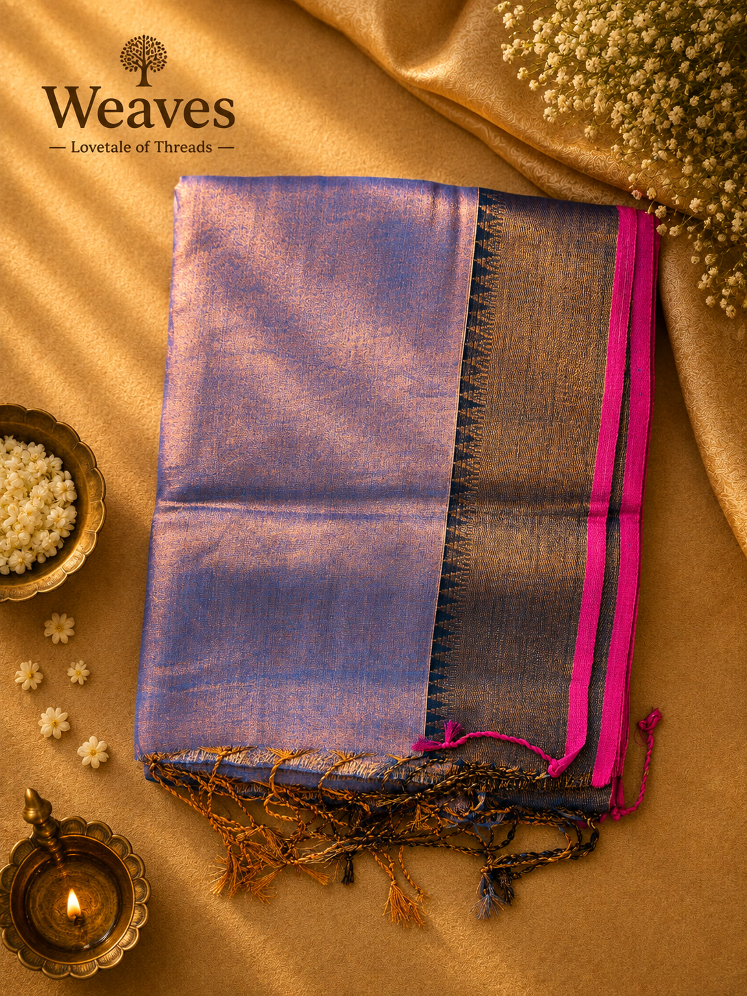 Blue soft tissue saree with a black and golden pallu, pink border, and tassel details