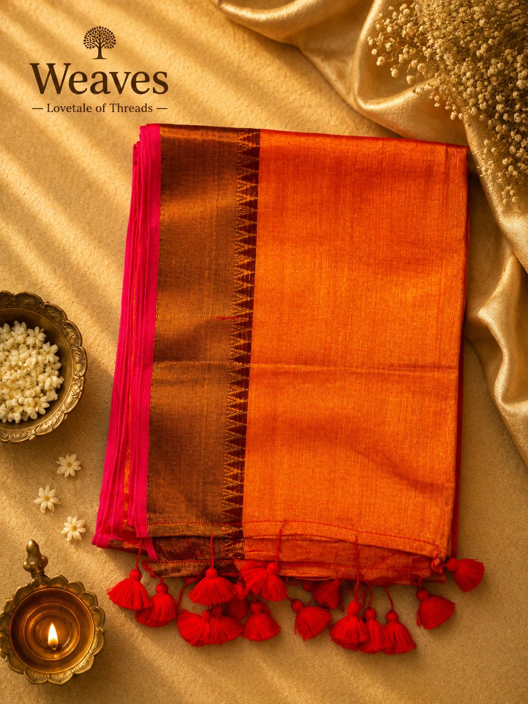 Orange and magenta soft tissue saree with a golden border and red tassels displayed on a warm golden backdrop
