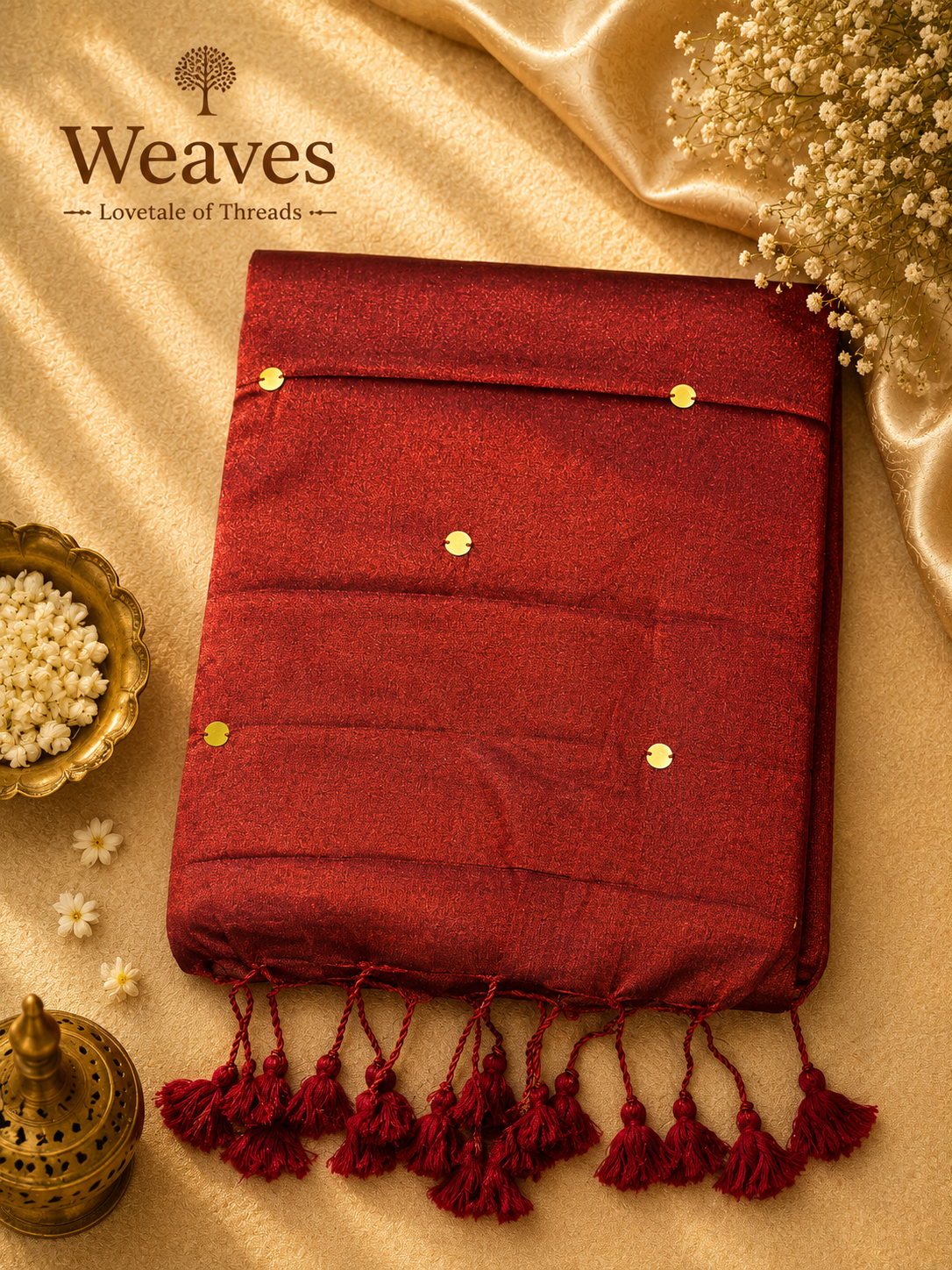 Deep red soft tissue saree with matching tassels displayed on a warm golden backdrop