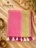 Bright pink and lime green striped mul cotton saree with white and magenta tassels